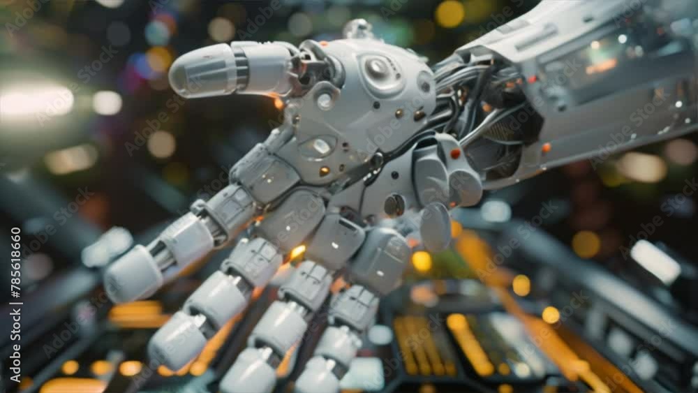 Poster detailed robotic arm with intricate circuits and mechanical components set against a blurred, high-t