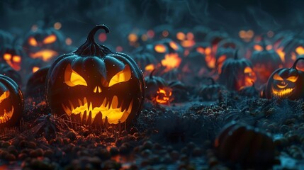spooky jackolantern pumpkins glowing in the dark halloween horror background with evil eyes 3d rendering - obrazy, fototapety, plakaty