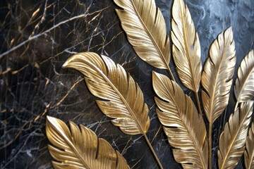Abstract Golden Feather Embellishments on Textured Black Marble