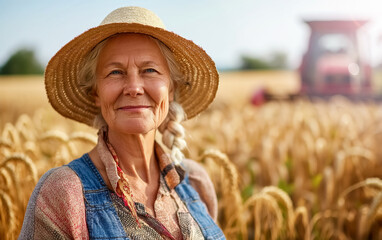 Elderly woman in straw sun hat on background of wheat field and agricultural tractor.