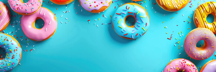 horizontal banner, National Donut Day, a frame of many colorful donuts covered with icing and confetti, blue background, copy space, free space for text in the center