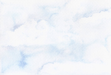 White clouds in a light blue sky, a painted watercolor illustration, a background with a place for text. Banner for design, decoration, advertising, labels. A landscape with a view of the heavens. 
