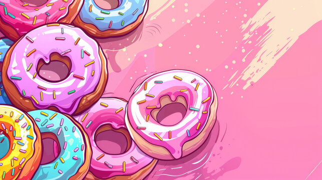 illustration, horizontal banner, National Donut Day, lots of colorful donuts covered with icing and confetti, treats for children, pink background, copy space, free space for text