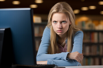 Girl glaring at a computer screen in the library
