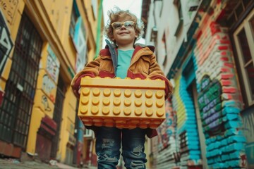 Little Boy Walking With Lego Basket