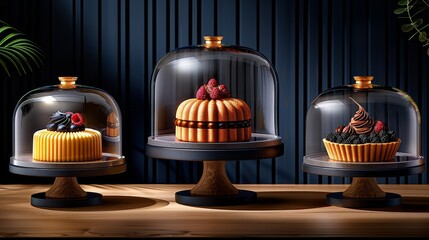 Obraz premium Three cakes on a wooden table, each covered by a cloche A potted plant is nearby