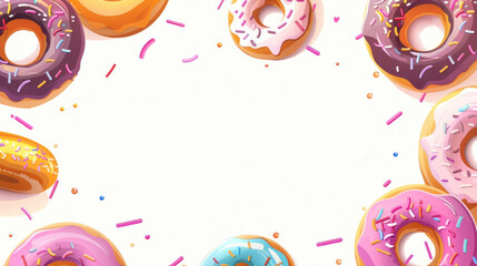 illustration, horizontal banner, National Donut Day, frame of multi-colored donuts covered with icing and confetti, white background, copy space, free space for text in the center