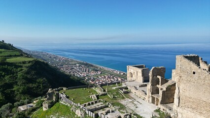 Scenic aerial view of Fiumefreddo Bruzio (one of Italy&rsquo;s Most Beautiful Villages) on mountain hill top above Tyrrhenian sea coast, province of Cosenza, Calabria, Italy.