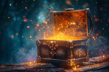 An antique chest overflowing with radiant golden light, conjuring a mystical and magical atmosphere. - obrazy, fototapety, plakaty