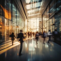 Long exposure shot of crowd of business people walking in the lobby of a modern office building