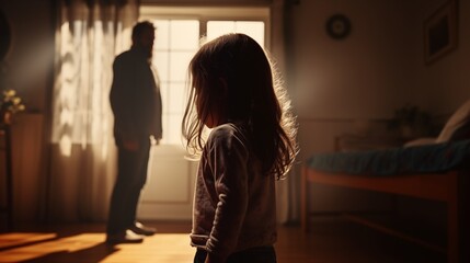 Little Girl Crying With Shadow Of Parents Arguing - Home Violence And Divorce.