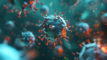 3d rendering of the closeup view of a virus, blue and orange color scheme