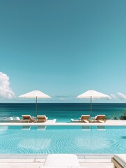 the elegance of a luxury beach club, featuring a pristine swimming pool and lounge chairs against a backdrop of azure ocean, white sand, and clear blue sky
