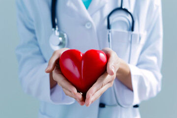 Female doctor holding red heart model. Heart disease concept
