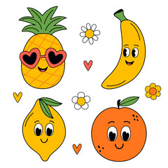 set of isolated cute pineapple, banana, lemon, orange