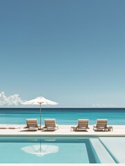 the elegance of a luxury beach club, featuring a pristine swimming pool and lounge chairs against a backdrop of azure ocean, white sand, and clear blue sky
