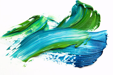 Thick blue and green acrylic oil paint brush strokes on white background