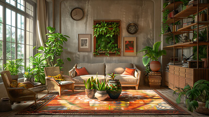 a living room with a lot of plants and a big grew sofa 