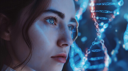  A young woman in early twenties, long dark hair and blue eyes looking at the double helix structure of DNA, with an expression that reflects curiosity or amusement. Science research