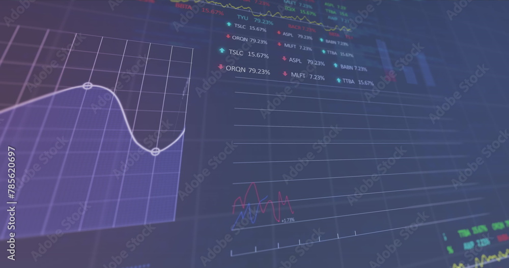 Poster image of financial data processing over grid on purple background