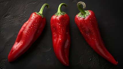  Three red peppers on a black surface, each with water drops at their summits