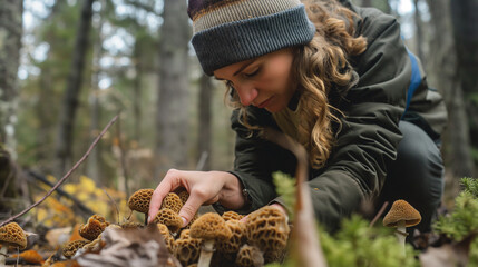 Woman harvesting morel mushrooms in a forest. - obrazy, fototapety, plakaty