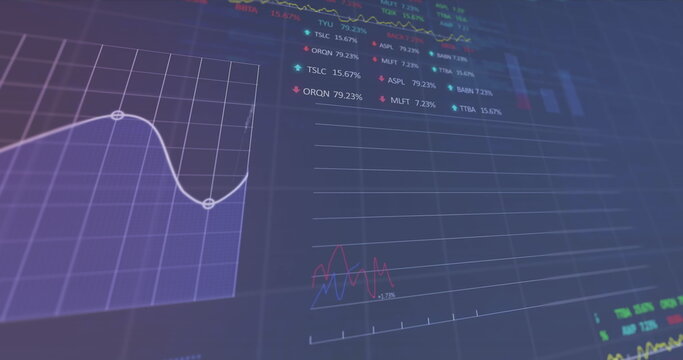 Image of financial data processing over grid on purple background