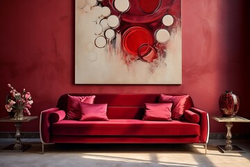 Red sofa in modern living room,3d render illustration mock up