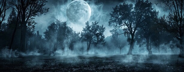 Gloomy dark scene with trees and big moon in night forest.