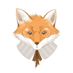 Cartoon painted fox with eyeglasses and a grey collar with a brown ribbon. Fairy tale forest character. Illustration on a transparent background, hatching, vintage clipart.