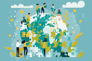 Diverse Business Team Assembling Puzzle Path Leading to Globe, Building Way to International Success, Global Expansion and Growth Concept, Collaboration and Strategic Planning, Flat Vector Illustratio