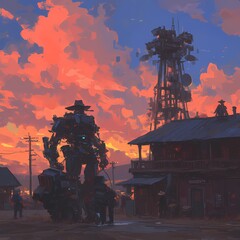 Striking Western Scene with Giant Robots and Stunning Sunset, Perfect for Sci-Fi and Adventure Imagery