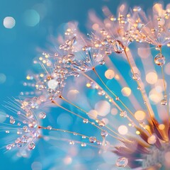 Dandelion Macro Water Droplets - Stunning Nature Photography with Sparkling Blue Background and Colorful Artistic Flair