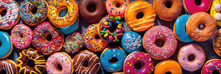 horizontal banner, National Donut Day, lots of colorful donuts covered with icing and confetti, background