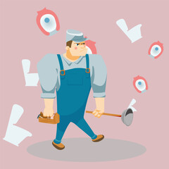 A stern but kind plumber with a plunger fixed all the plumbing. Vector image.