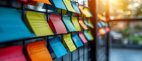 Creative Brainstorming: Vibrant Sticky Notes on Office Glass Wall. Concept Office Decor, Collaborative Workspace, Colorful Ideas, Creative Brainstorming, Innovative Design