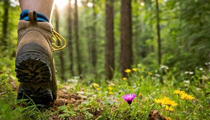 Low and close shot of a hiker's boot steps forward on a forest trail, surrounded by vibrant greenery and wildflowers, signifying an adventure in nature.
