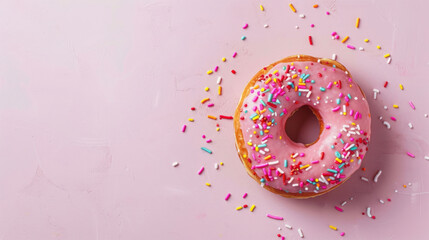horizontal banner, National Donut Day, one pink donut covered with icing and confetti, pink background, copy space, free space for text
