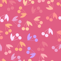 Cherry pattern with bright warm colors and primitive shapes. Vector image.