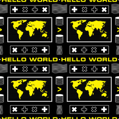 Streetwear style abstract pattern, wallpaper, with different stylish elements, world map, words 