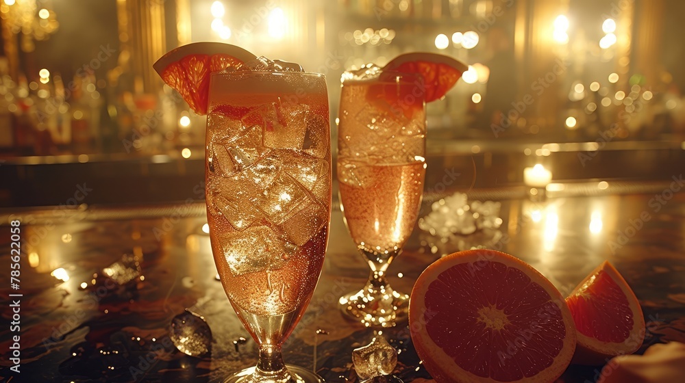 Poster a tight shot of two glassware filled with wine, accompanied by a grapefruit and its sliced segment o