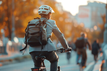 Ein Mann fährt ein elektrisches Fahrrad mit schwarzen und grauen Details zur Arbeit in der Stadt. Trägt einen Helm, einen Rucksack und Business Kleidung. - obrazy, fototapety, plakaty