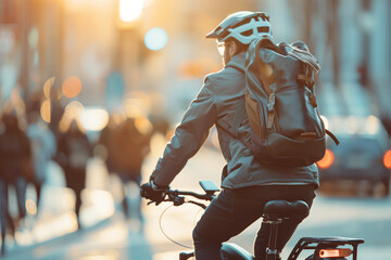 Ein Mann fährt ein elektrisches Fahrrad mit schwarzen und grauen Details zur Arbeit in der Stadt. Trägt einen Helm, einen Rucksack und Business Kleidung.