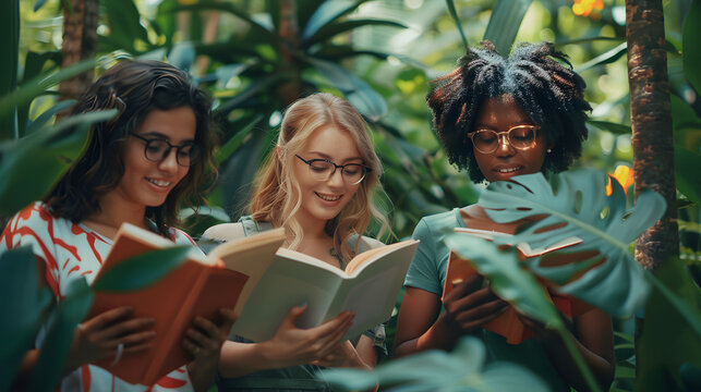 Diverse people standing and reading books at a literary arts festival.