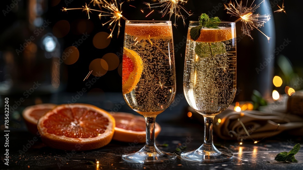 Poster two wine glasses, each brimming with sparkling wine, sit adjacent to a sliced grapefruit and an oran