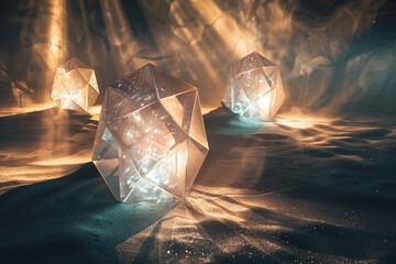 Geometric abstractions resembling crystalline structures illuminated by ethereal beams of light, casting intricate shadows on a backdrop of cosmic dust.