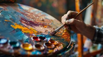 Close-Up of an Artist's Hand Painting Vibrant Masterpiece on Canvas