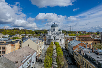Aerial spring view of Church of St. Michael the Archangel in Kaunas, Laisves Avenue, Lithuania