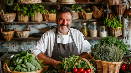 Joyful Chef with Organic Vegetables in Rustic Kitchen Setting