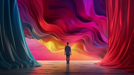 Man pulling the curtain up to a new colorful world.